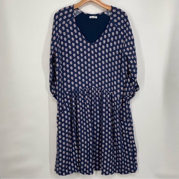 Garnet Hill Navy Blue Pattern Bohemian Pocket Dress - Picture 2 of 8
